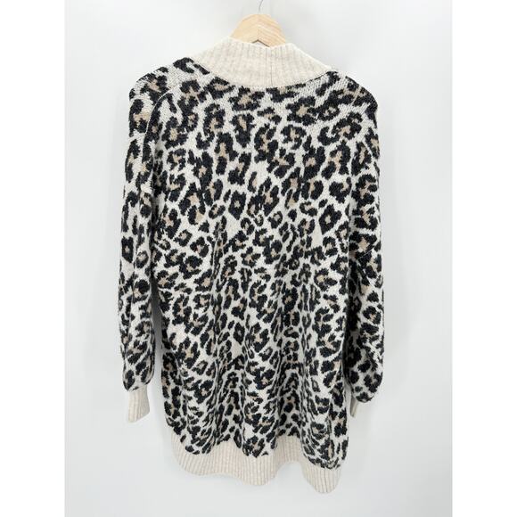 LOFT Sweater Women SMALL Cream Leopard Print Open Knit Wool Blend Cardigan - Picture 2 of 10